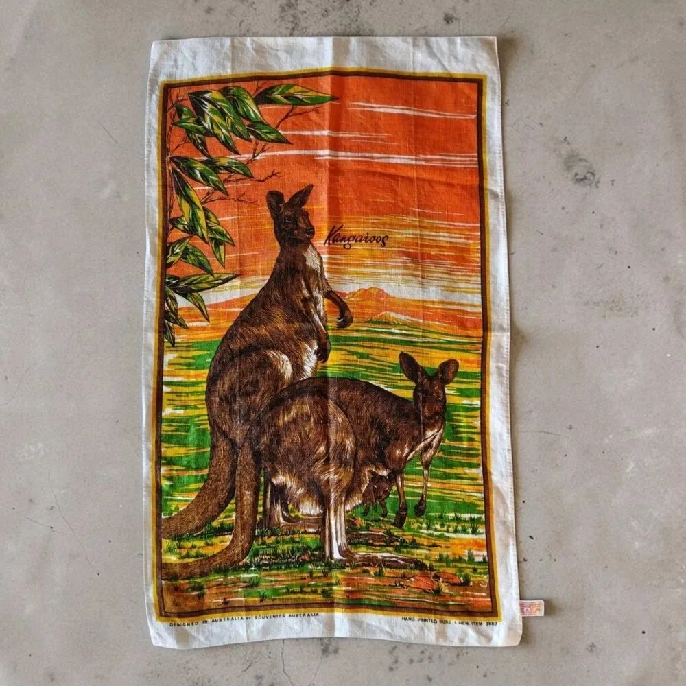 Vintage Hand Printed Linen Tea Towel Australia Kangaroo Pattern 31